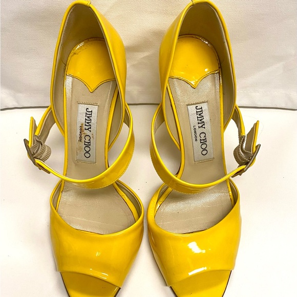 Jimmy Choo Bright Yellow Patent Leather Ankle-Strap Heels - Picture 3 of 12